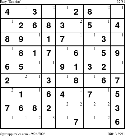 The grouppuzzles.com Easy Sudoku puzzle for Saturday September 26, 2026 with the first 3 steps marked