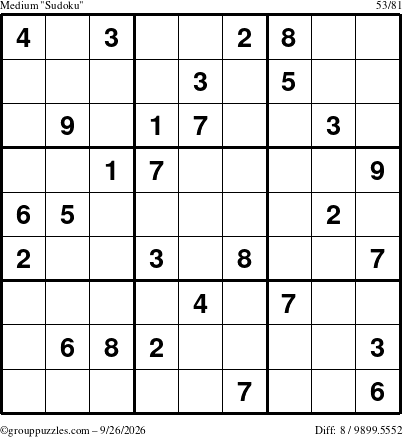 The grouppuzzles.com Medium Sudoku puzzle for Saturday September 26, 2026