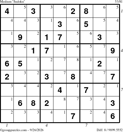 The grouppuzzles.com Medium Sudoku puzzle for Saturday September 26, 2026 with all 8 steps marked
