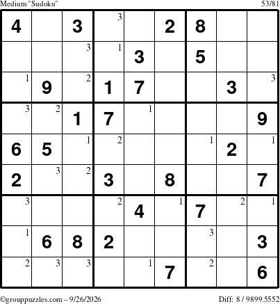 The grouppuzzles.com Medium Sudoku puzzle for Saturday September 26, 2026 with the first 3 steps marked