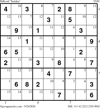 The grouppuzzles.com Difficult Sudoku puzzle for Saturday September 26, 2026 with all 14 steps marked