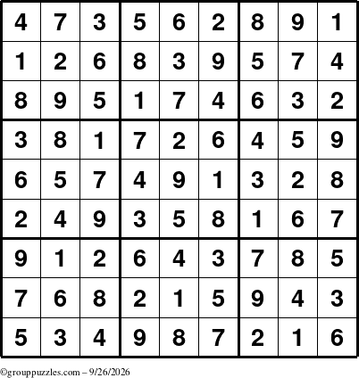 The grouppuzzles.com Answer grid for the Sudoku puzzle for Saturday September 26, 2026