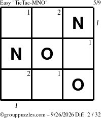 The grouppuzzles.com Easy TicTac-MNO puzzle for Saturday September 26, 2026, suitable for printing, with all 2 steps marked