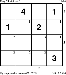 The grouppuzzles.com Easy Sudoku-4 puzzle for Tuesday April 21, 2026 with all 3 steps marked