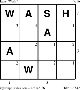 The grouppuzzles.com Easy Wash puzzle for Tuesday April 21, 2026 with all 3 steps marked