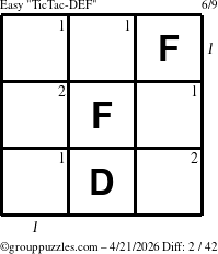 The grouppuzzles.com Easy TicTac-DEF puzzle for Tuesday April 21, 2026 with all 2 steps marked