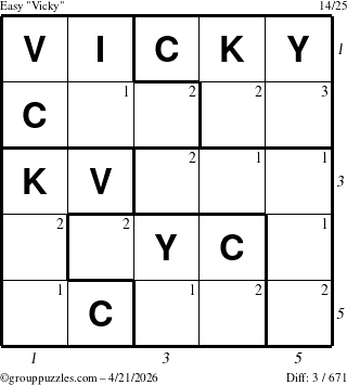 The grouppuzzles.com Easy Vicky puzzle for Tuesday April 21, 2026, suitable for printing, with all 3 steps marked
