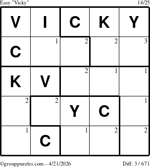 The grouppuzzles.com Easy Vicky puzzle for Tuesday April 21, 2026 with the first 3 steps marked
