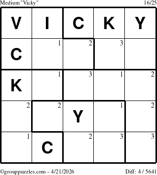 The grouppuzzles.com Medium Vicky puzzle for Tuesday April 21, 2026 with the first 3 steps marked