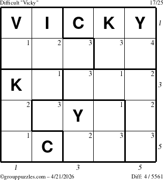 The grouppuzzles.com Difficult Vicky puzzle for Tuesday April 21, 2026, suitable for printing, with all 4 steps marked