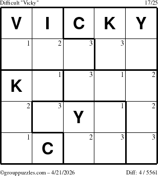 The grouppuzzles.com Difficult Vicky puzzle for Tuesday April 21, 2026 with the first 3 steps marked