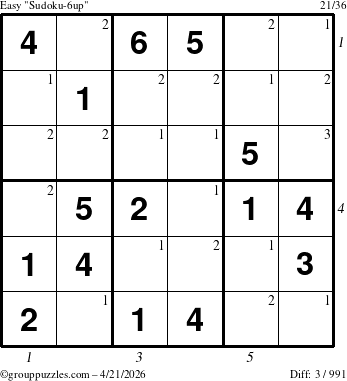 The grouppuzzles.com Easy Sudoku-6up puzzle for Tuesday April 21, 2026 with all 3 steps marked