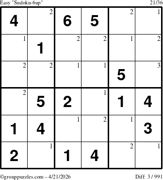 The grouppuzzles.com Easy Sudoku-6up puzzle for Tuesday April 21, 2026 with the first 3 steps marked