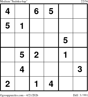 The grouppuzzles.com Medium Sudoku-6up puzzle for Tuesday April 21, 2026