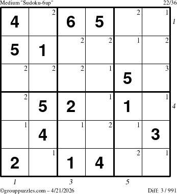 The grouppuzzles.com Medium Sudoku-6up puzzle for Tuesday April 21, 2026, suitable for printing, with all 3 steps marked