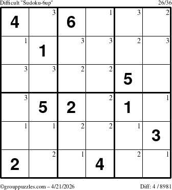 The grouppuzzles.com Difficult Sudoku-6up puzzle for Tuesday April 21, 2026 with the first 3 steps marked