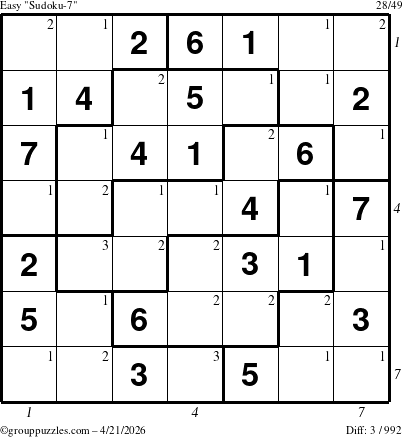 The grouppuzzles.com Easy Sudoku-7 puzzle for Tuesday April 21, 2026, suitable for printing, with all 3 steps marked