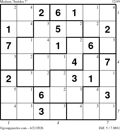 The grouppuzzles.com Medium Sudoku-7 puzzle for Tuesday April 21, 2026 with all 5 steps marked