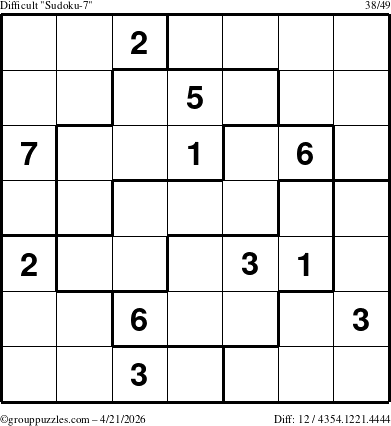 The grouppuzzles.com Difficult Sudoku-7 puzzle for Tuesday April 21, 2026