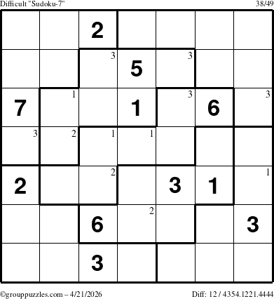 The grouppuzzles.com Difficult Sudoku-7 puzzle for Tuesday April 21, 2026 with the first 3 steps marked