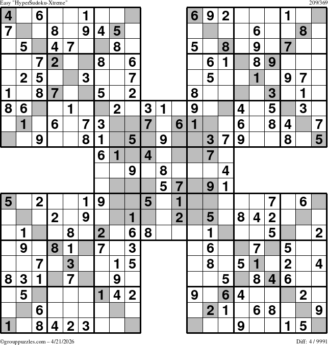 The grouppuzzles.com Easy HyperSudoku-Xtreme puzzle for Tuesday April 21, 2026
