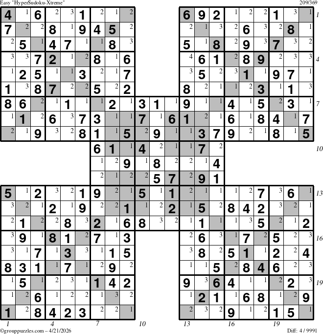 The grouppuzzles.com Easy HyperSudoku-Xtreme puzzle for Tuesday April 21, 2026, suitable for printing, with all 4 steps marked