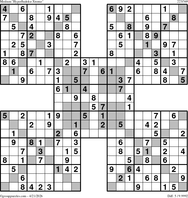 The grouppuzzles.com Medium HyperSudoku-Xtreme puzzle for Tuesday April 21, 2026