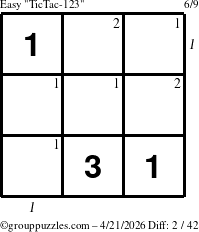 The grouppuzzles.com Easy TicTac-123 puzzle for Tuesday April 21, 2026 with all 2 steps marked
