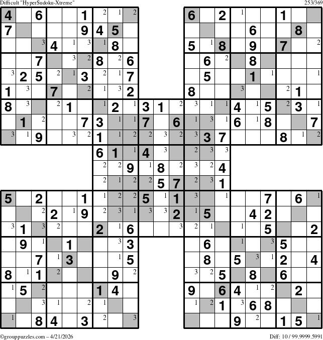 The grouppuzzles.com Difficult HyperSudoku-Xtreme puzzle for Tuesday April 21, 2026 with the first 3 steps marked