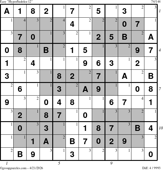 The grouppuzzles.com Easy HyperSudoku-12 puzzle for Tuesday April 21, 2026, suitable for printing, with all 4 steps marked