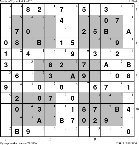 The grouppuzzles.com Medium HyperSudoku-12 puzzle for Tuesday April 21, 2026, suitable for printing, with all 7 steps marked