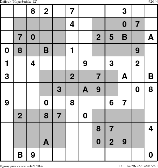 The grouppuzzles.com Difficult HyperSudoku-12 puzzle for Tuesday April 21, 2026