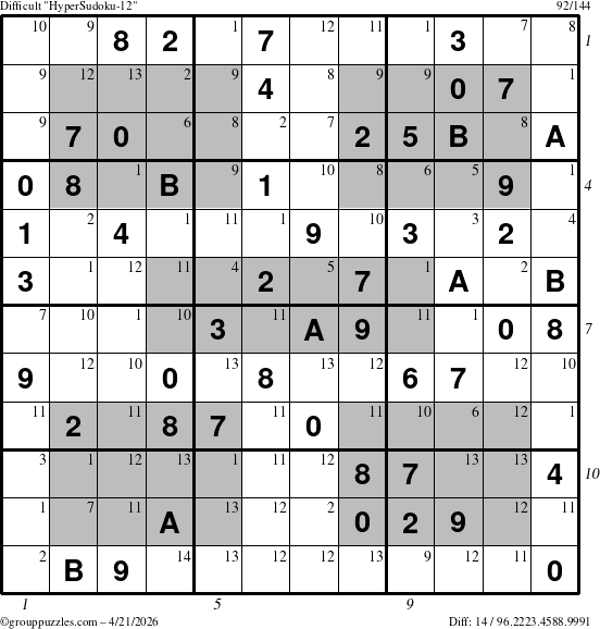 The grouppuzzles.com Difficult HyperSudoku-12 puzzle for Tuesday April 21, 2026, suitable for printing, with all 14 steps marked
