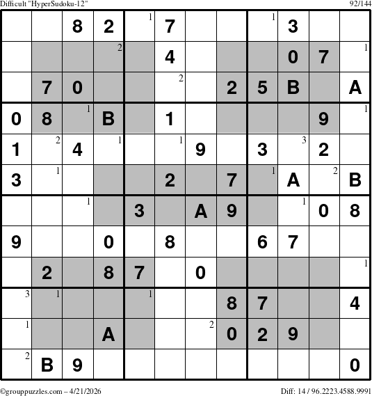 The grouppuzzles.com Difficult HyperSudoku-12 puzzle for Tuesday April 21, 2026 with the first 3 steps marked