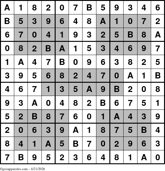 The grouppuzzles.com Answer grid for the HyperSudoku-12 puzzle for Tuesday April 21, 2026