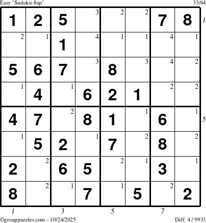 The grouppuzzles.com Easy Sudoku-8up puzzle for Friday October 24, 2025 with all 4 steps marked