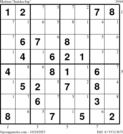 The grouppuzzles.com Medium Sudoku-8up puzzle for Friday October 24, 2025 with all 8 steps marked