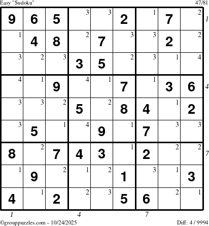 The grouppuzzles.com Easy Sudoku puzzle for Friday October 24, 2025 with all 4 steps marked