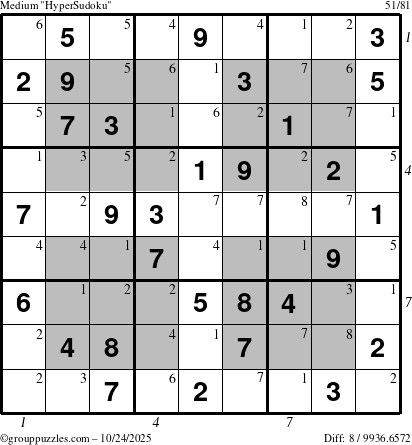 The grouppuzzles.com Medium HyperSudoku puzzle for Friday October 24, 2025 with all 8 steps marked