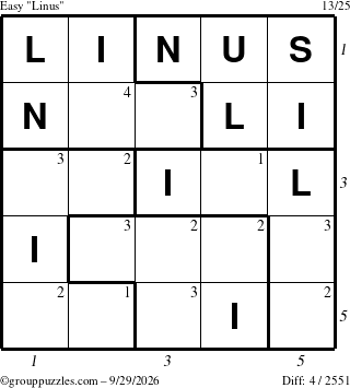 The grouppuzzles.com Easy Linus puzzle for Tuesday September 29, 2026 with all 4 steps marked