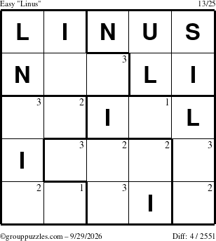 The grouppuzzles.com Easy Linus puzzle for Tuesday September 29, 2026 with the first 3 steps marked
