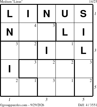 The grouppuzzles.com Medium Linus puzzle for Tuesday September 29, 2026, suitable for printing, with all 4 steps marked