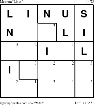 The grouppuzzles.com Medium Linus puzzle for Tuesday September 29, 2026 with the first 3 steps marked