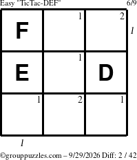 The grouppuzzles.com Easy TicTac-DEF puzzle for Tuesday September 29, 2026, suitable for printing, with all 2 steps marked