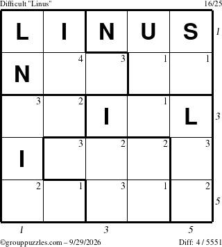 The grouppuzzles.com Difficult Linus puzzle for Tuesday September 29, 2026 with all 4 steps marked
