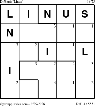 The grouppuzzles.com Difficult Linus puzzle for Tuesday September 29, 2026 with the first 3 steps marked