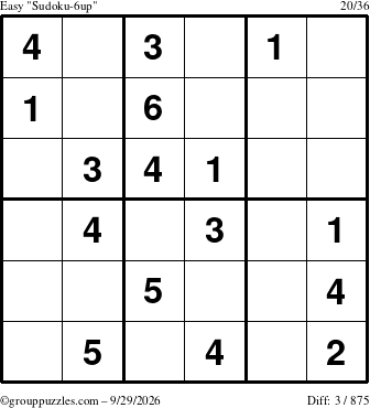 The grouppuzzles.com Easy Sudoku-6up puzzle for Tuesday September 29, 2026