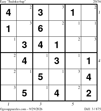 The grouppuzzles.com Easy Sudoku-6up puzzle for Tuesday September 29, 2026, suitable for printing, with all 3 steps marked