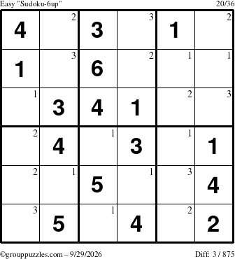 The grouppuzzles.com Easy Sudoku-6up puzzle for Tuesday September 29, 2026 with the first 3 steps marked
