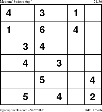 The grouppuzzles.com Medium Sudoku-6up puzzle for Tuesday September 29, 2026